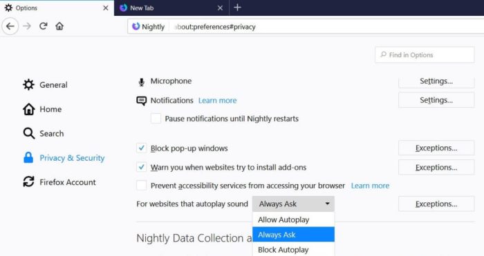 Firefox mute websites autoplay video audio