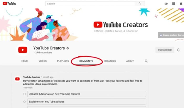 Youtube showing community posts main page